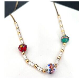 Vintage Necklace Murano Art Glass Wedding Cake Beads Pearls Gold Tone 2W